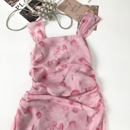 Sexy Sheath Straps Floral Pink Summer Dress Holiday Party Outfits For Women DP0103