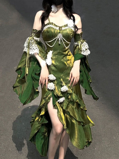Vintage High Low Spaghetti Straps Green 16th Birthday Dress Lolita Dress Satin Birthday Outfits DP0222