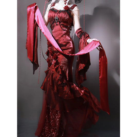 Vintage High Low Spaghetti Straps Burgundy 16th Birthday Dress Lolita Dress Satin Birthday Outfits DP0217