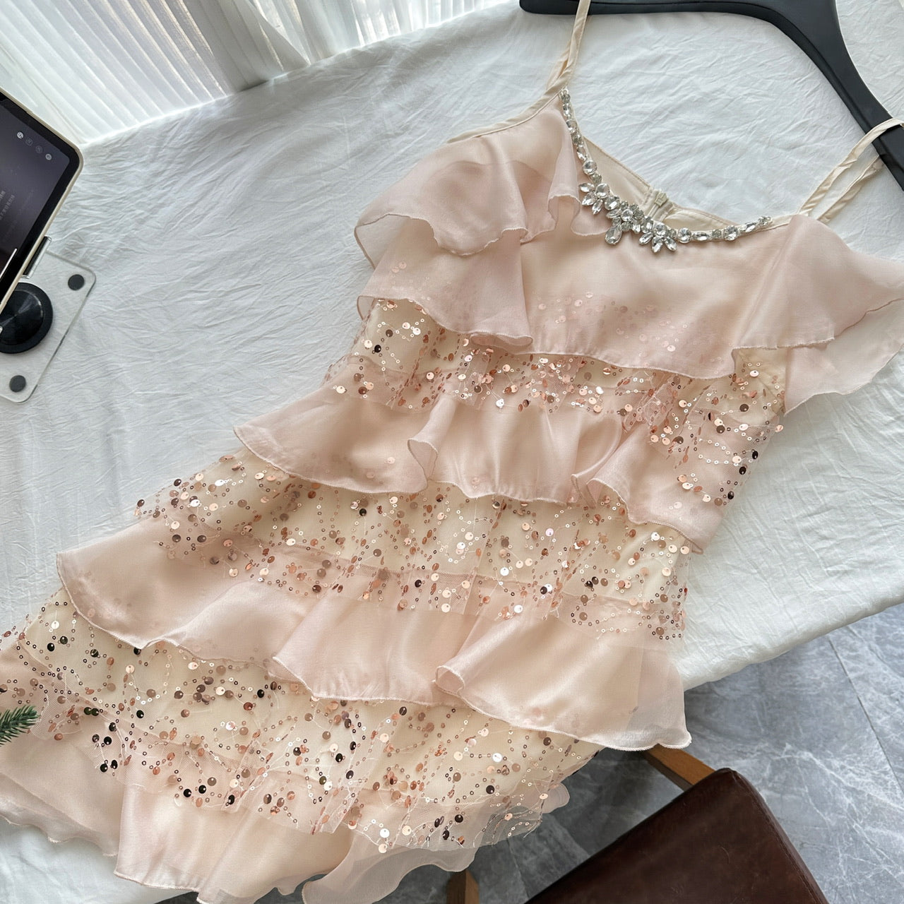 Cute A Line Spaghetti Straps Pink Sequin Casual Dress Summer Short Holiday Dresses DP1405