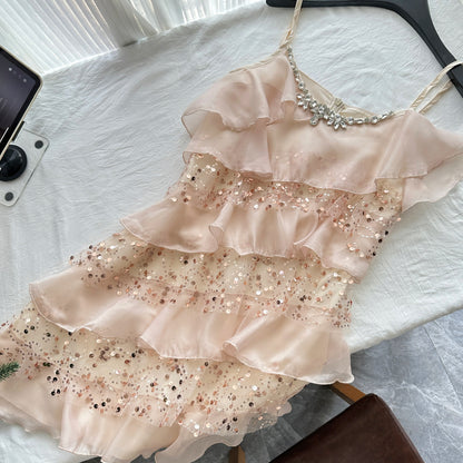 Cute A Line Spaghetti Straps Pink Sequin Casual Dress Summer Short Holiday Dresses DP1405