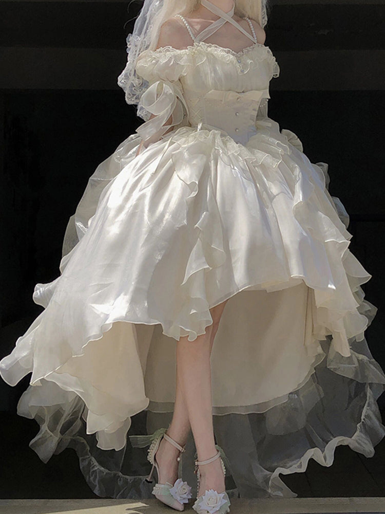 Princess Ball Gown Off The Shoulder Short Sleeves Ivory Floral 16th Chiffon Birthday Dress Lolita Dress 18th Birthday Outfits W1201