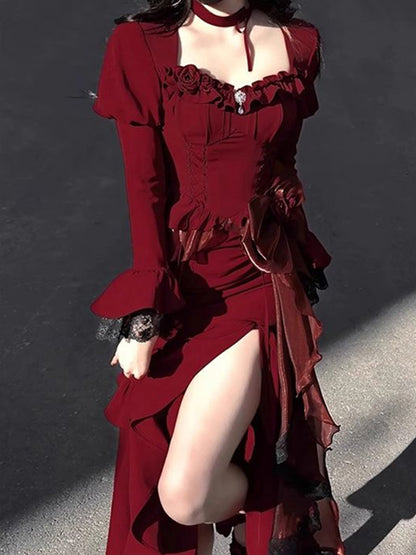 Vintage Mermaid Sweetheart Long Sleeves Burgundy Black Lace Summer 18th Birthday Dress Lolita Dress Birthday Outfits W1215
