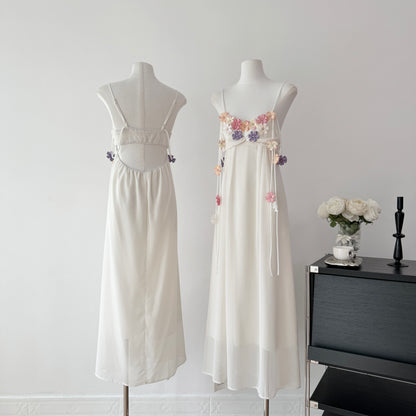 Cute A Line Spaghetti Straps Floral White Chiffon Summer Dress Holiday Party Outfits For Women DP0129