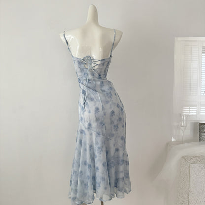 Robe de déesse en mousseline de soie, longue et courte, style romantique d'été bleu, col licou, pour femme, DP0007