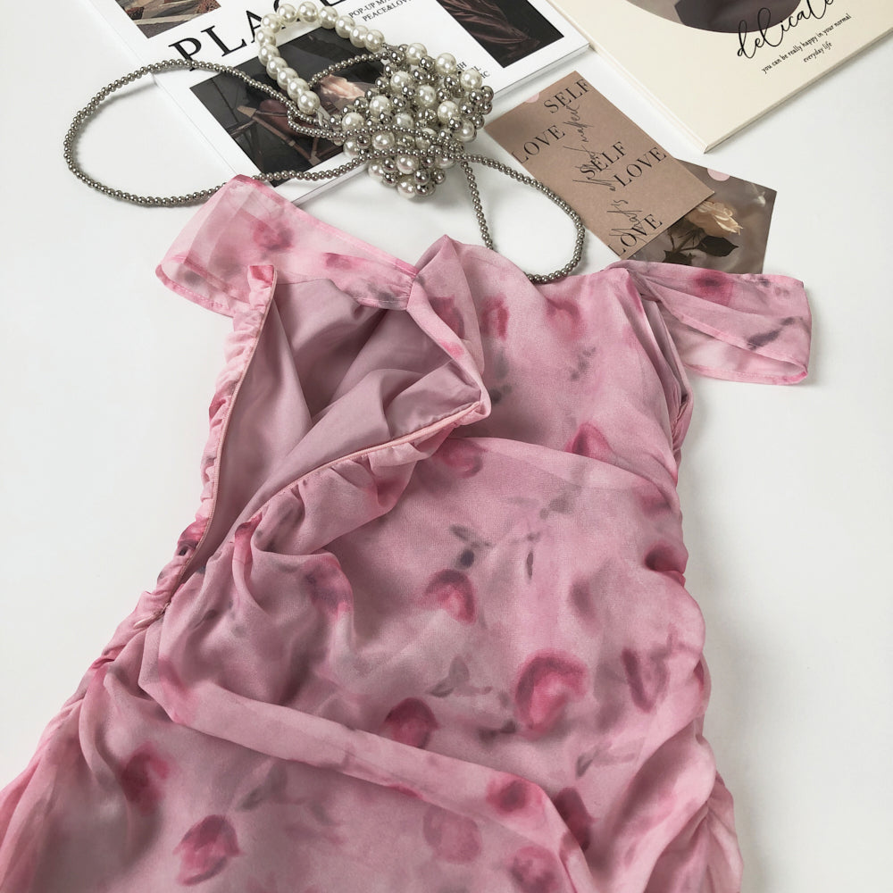 Sexy Sheath Straps Floral Pink Summer Dress Holiday Party Outfits For Women DP0103