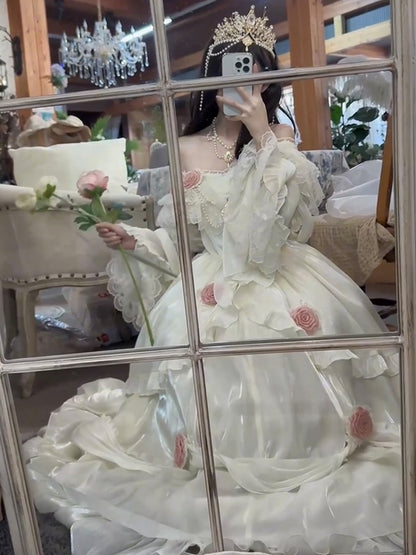 Retro Ball Gown Off The Shoulder Short Sleeves White Rose Floral 16th Chiffon Birthday Dress Lolita Dress 18th Birthday Outfits W1212