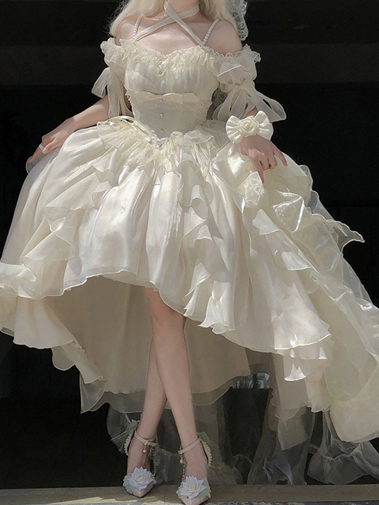 Princess Ball Gown Off The Shoulder Short Sleeves Ivory Floral 16th Chiffon Birthday Dress Lolita Dress 18th Birthday Outfits W1201