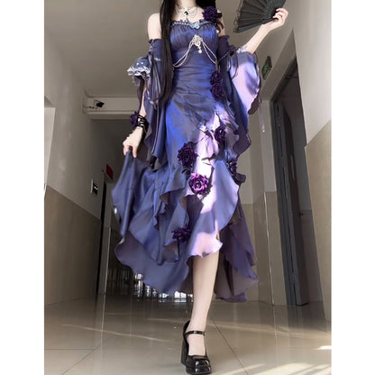 Vintage High Low Spaghetti Straps Grape 16th Birthday Dress Lolita Dress Satin Birthday Outfits W1200