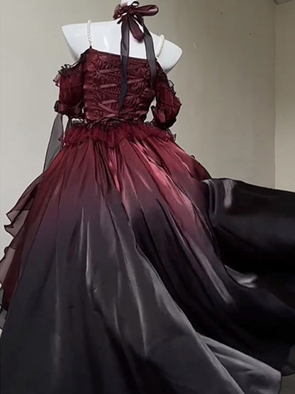 Beautiful High Low Off The Shoulder Short Sleeves Burgundy Rose Floral 16th Chiffon Birthday Dress Lolita Dress 18th Birthday Outfits W1224