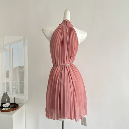 Sexy A line Halter Neckline Pink Short Chiffon Summer Dress Holiday Party Outfits For Women DP0119