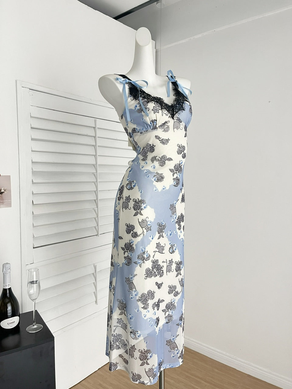 Sexy Sheath Straps Floral Blue Summer Dress Holiday Party Outfits For Women DP0112