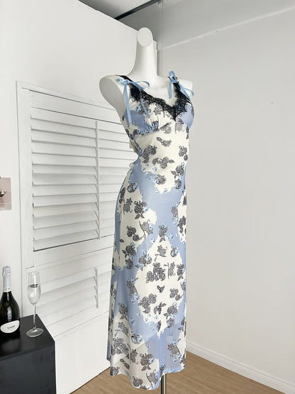 Sexy Sheath Straps Floral Blue Summer Dress Holiday Party Outfits For Women DP0112