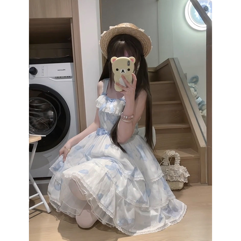 Vintage Ball Gown Square Neck White Blue Short Summer 18th Birthday Dress Lolita Dress Birthday Outfits W1237