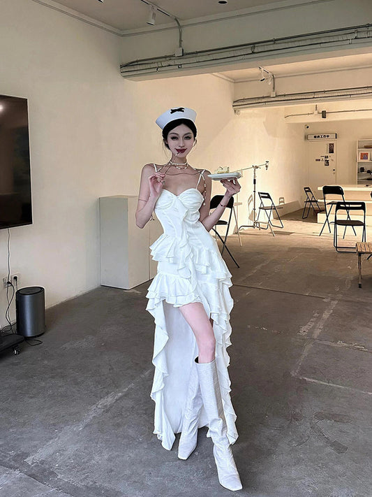 Einfache High Low Spaghettiträger Weiß Chiffon Sommerkleid Urlaub Partykleid Geburtstag Outfits für Teenager W1233