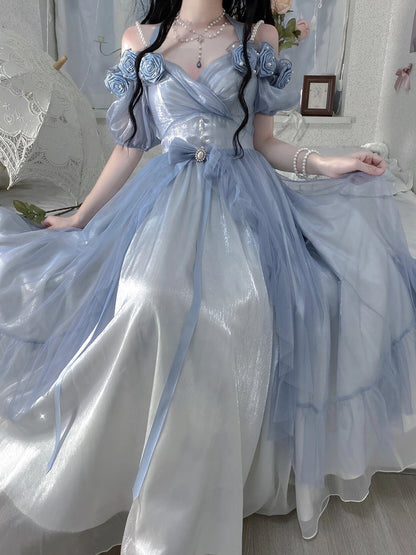 Vintage Ball Gown Off The Shoulder Short Sleeves 16th Blue Birthday Dresses Lolita Dress Birthday Outfits W1238