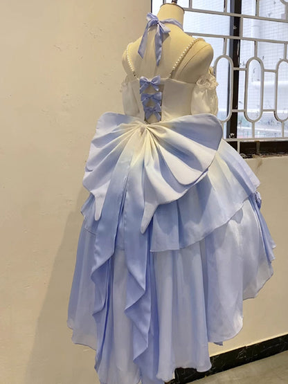 Vintage Ball Gown Spaghetti Straps Short Chiffon Summer 18th Birthday Dress High Low Ombre Blue Pearls Lolita Dress Birthday Outfits W1231