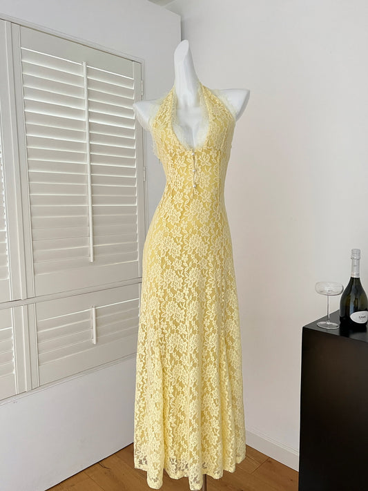 Sexy Sheath V Neckline Yellow Lace Summer Dress Holiday Party Outfits For Women DP0114