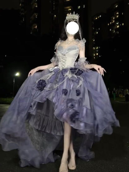 Vintage Ball Gown Spaghetti Straps Grape Chiffon Summer 18th Birthday Dress High Low Ombre Blue Pearls Lolita Dress Birthday Outfits W1253