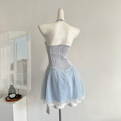Sexy A line Halter Blue Min Summer Dress Holiday Party Homecoming Dress Birthday Outfits For Teens DP1401
