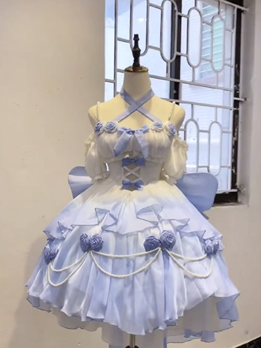 Vintage Ball Gown Spaghetti Straps Short Chiffon Summer 18th Birthday Dress High Low Ombre Blue Pearls Lolita Dress Birthday Outfits W1231