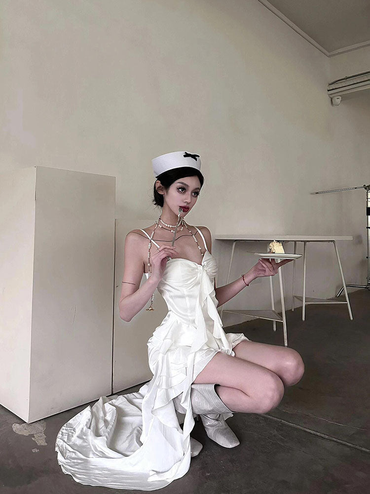 Simple High Low Spaghetti Straps White Chiffon Summer Dress Holiday Party Dress Birthday Outfits For Teens W1233