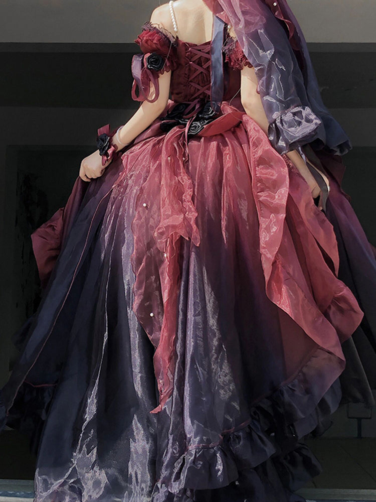 Beautiful High Low Off The Shoulder Short Sleeves Burgundy Rose Floral 16th Chiffon Birthday Dress Lolita Dress 18th Birthday Outfits W1224