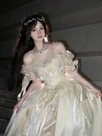 Princess Ball Gown Off The Shoulder Short Sleeves Ivory Floral 16th Chiffon Birthday Dress Lolita Dress 18th Birthday Outfits W1218