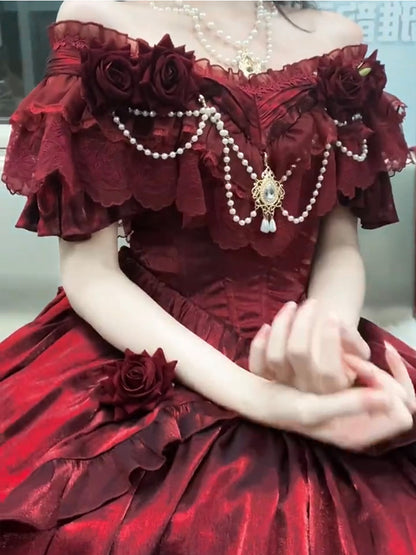 Retro Ball Gown Off The Shoulder Short Sleeves Burgundy Floral 16th Chiffon Birthday Dress Lolita Dress 18th Birthday Outfits W1204