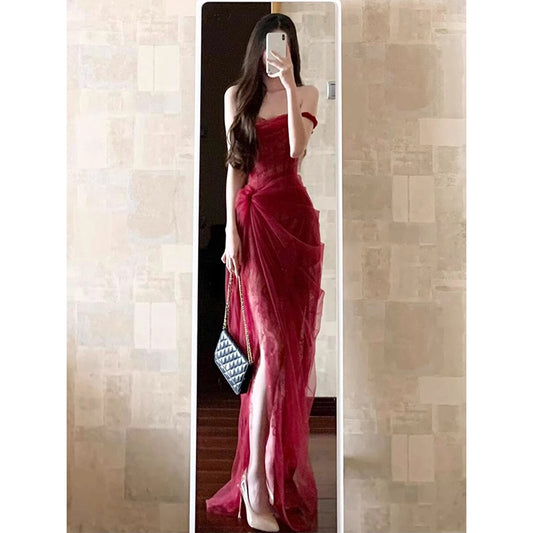 Sexy Etuikleid Burgunderrot Spitze Sommerkleid Urlaub Party Outfits für Damen W1235