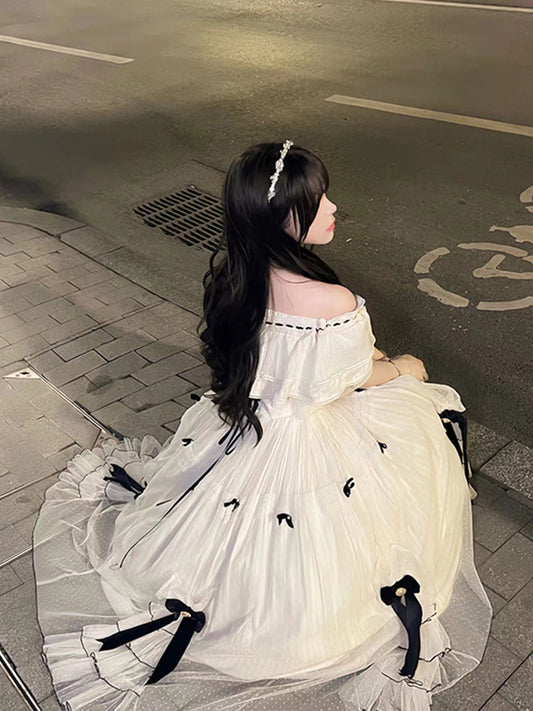 Robe de bal vintage à épaules dénudées en mousseline blanche, robe Lolita d'été pour 18e anniversaire, tenue d'anniversaire W1210