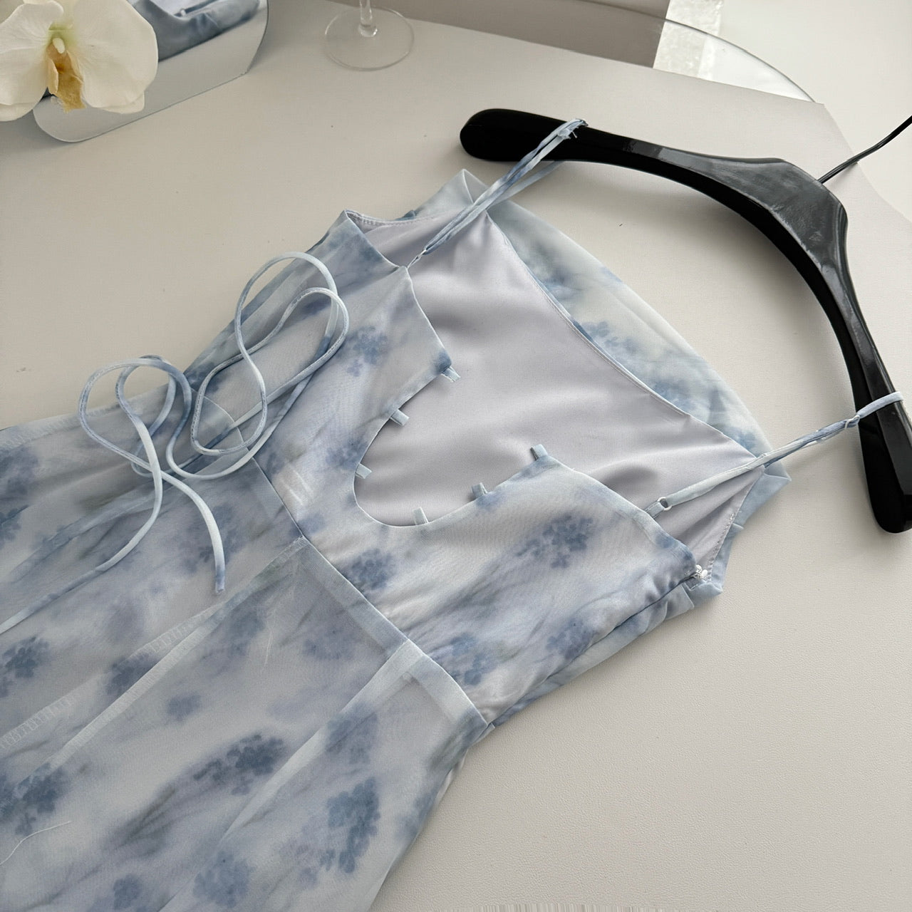 Robe de déesse en mousseline de soie, longue et courte, style romantique d'été bleu, col licou, pour femme, DP0007