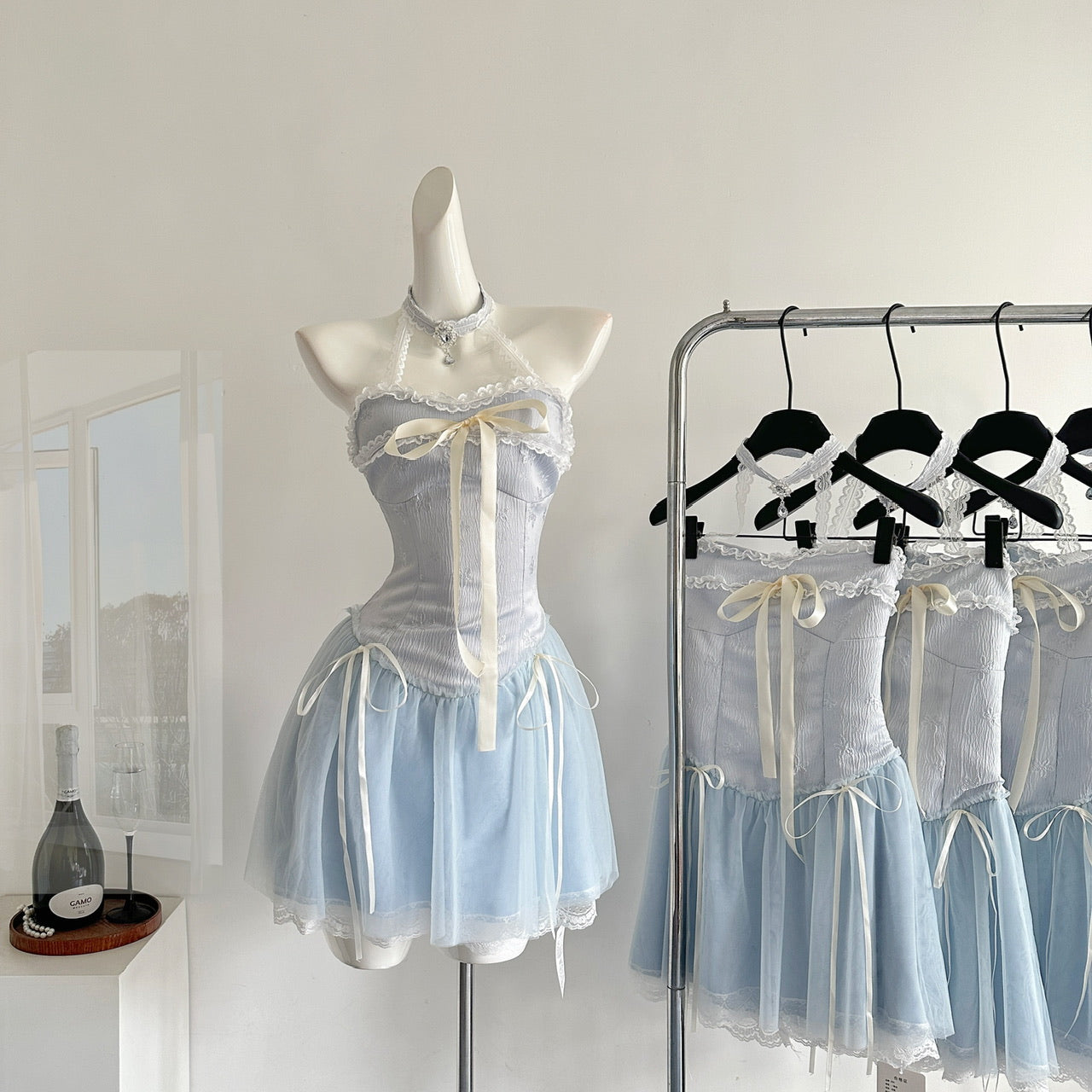 Sexy A line Halter Blue Min Summer Dress Holiday Party Homecoming Dress Birthday Outfits For Teens DP1401