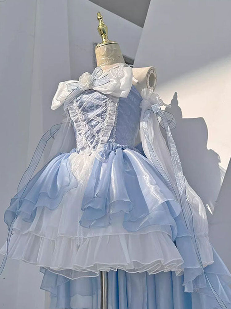 Vintage Ball Gown Halter Light Sky Blue Chiffon Short Summer 18th Birthday Dress Lolita Dress Birthday Outfits W1202