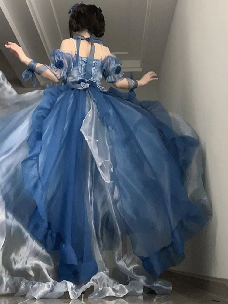Beautiful High Low Off The Shoulder Short Sleeves Blue Rose Floral 16th Chiffon Birthday Dress Lolita Dress 18th Birthday Outfits W1240