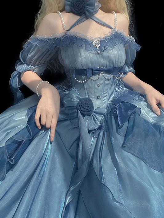 Beautiful High Low Off The Shoulder Short Sleeves Blue Rose Floral 16th Chiffon Birthday Dress Lolita Dress 18th Birthday Outfits W1223
