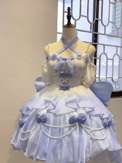 Vintage Ball Gown Spaghetti Straps Short Chiffon Summer 18th Birthday Dress High Low Ombre Blue Pearls Lolita Dress Birthday Outfits W1231