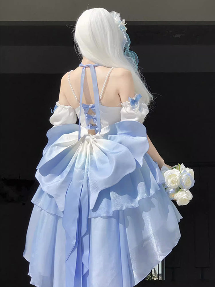Vintage Ball Gown Spaghetti Straps Short Chiffon Summer 18th Birthday Dress High Low Ombre Blue Pearls Lolita Dress Birthday Outfits W1241