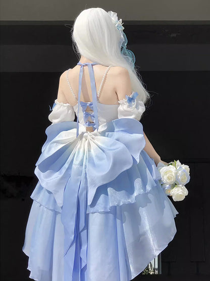 Vintage Ball Gown Spaghetti Straps Short Chiffon Summer 18th Birthday Dress High Low Ombre Blue Pearls Lolita Dress Birthday Outfits W1241