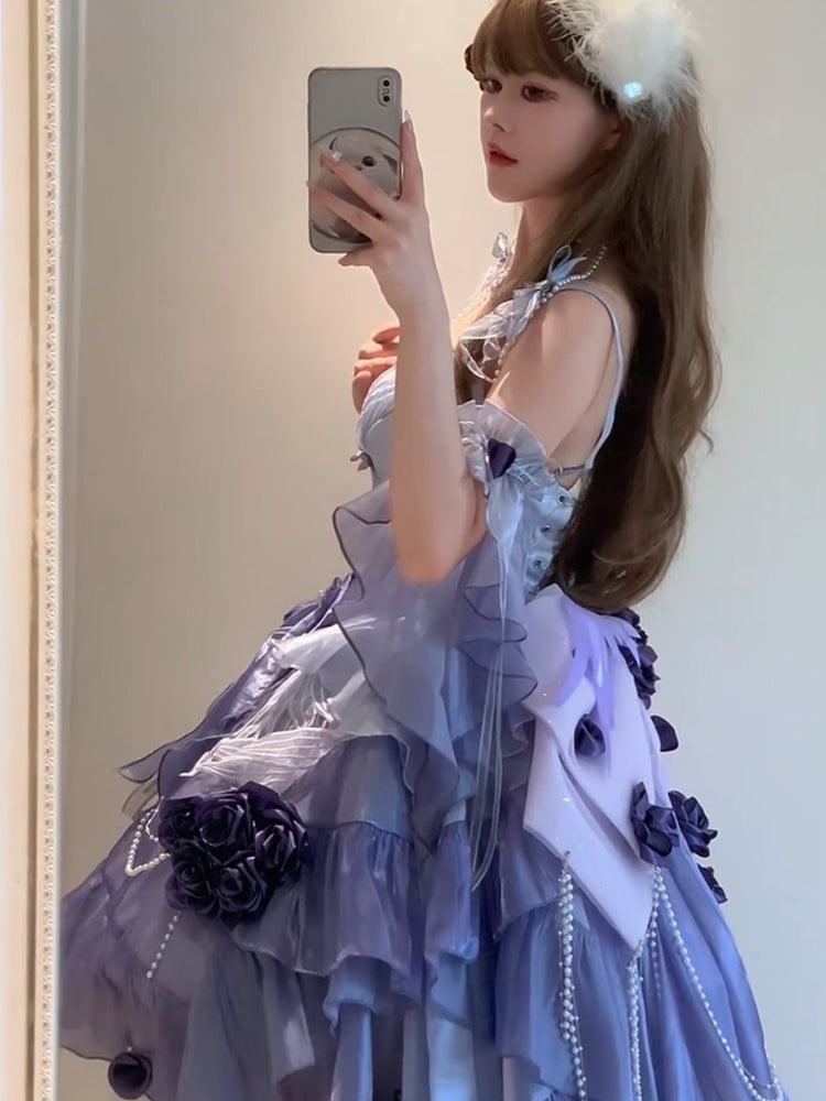 Vintage Ball Gown Spaghetti Straps Grape Chiffon Summer 18th Birthday Dress High Low Ombre Blue Pearls Lolita Dress Birthday Outfits W1246