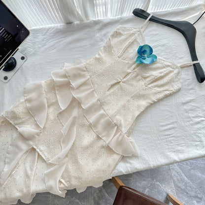 Cute Sheath Spaghetti Straps Ivory Ruffles Casual Dress Summer Outfits Short Holiday Dresses DP1408