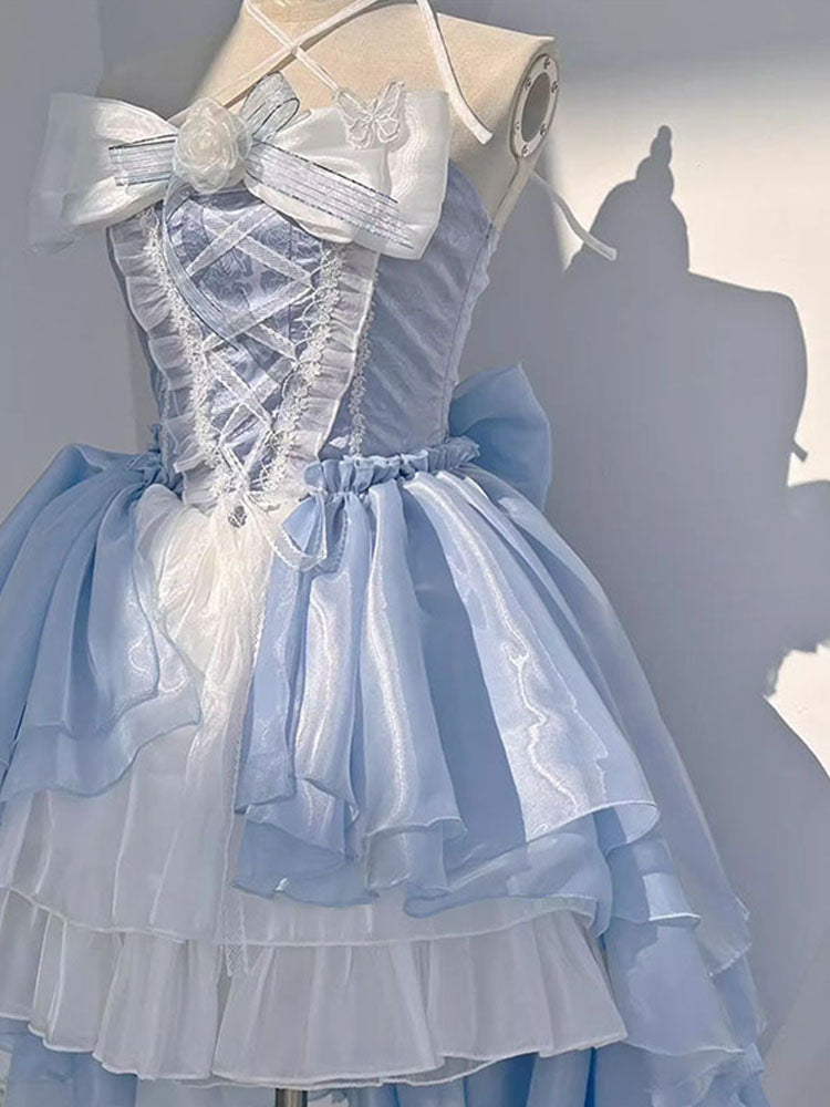 Vintage Ball Gown Halter Light Sky Blue Chiffon Short Summer 18th Birthday Dress Lolita Dress Birthday Outfits W1202