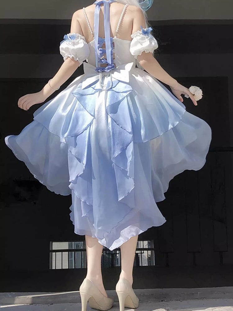 Vintage Ball Gown Spaghetti Straps Short Chiffon Summer 18th Birthday Dress High Low Ombre Blue Pearls Lolita Dress Birthday Outfits W1241