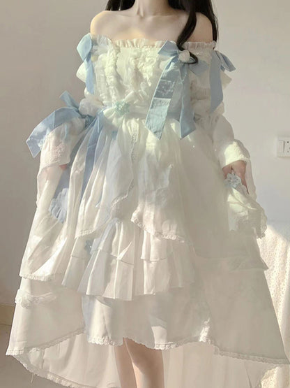 Vintage Ball Gown Square Long Sleeves White Chiffon Summer 18th Birthday Dress Lolita Dress Birthday Outfits W1228