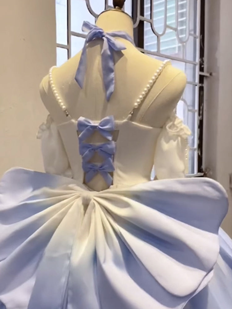 Vintage Ball Gown Spaghetti Straps Short Chiffon Summer 18th Birthday Dress High Low Ombre Blue Pearls Lolita Dress Birthday Outfits W1231