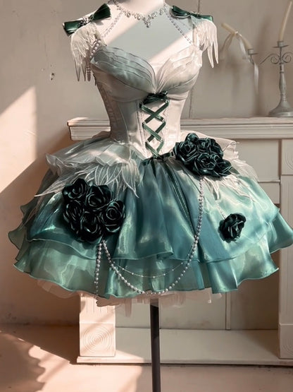 Vintage Ball Gown Spaghetti Straps Chiffon Green Summer 18th Birthday Dress Green Short Lolita Dress 18th Birthday Outfits DH2433