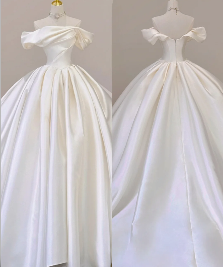Elegantes Ballkleid aus Satin mit Schulterdekolletee, weiße Brautkleider P0002