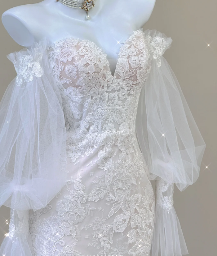 Elegante Meerjungfrau Weg Von Der Schulter Tüll Brautkleider Spitze Bräute Kleid P0004