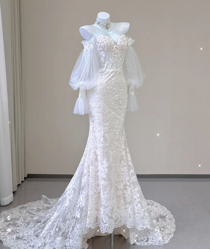 Elegante Meerjungfrau Weg Von Der Schulter Tüll Brautkleider Spitze Bräute Kleid P0004
