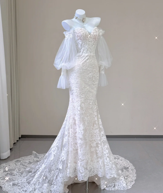 Elegante Meerjungfrau Weg Von Der Schulter Tüll Brautkleider Spitze Bräute Kleid P0004